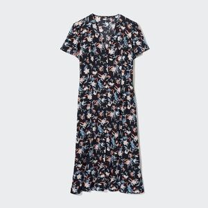 Uniqlo Black Floral V-Neck Short Sleeve Flared Midi Dress L Large